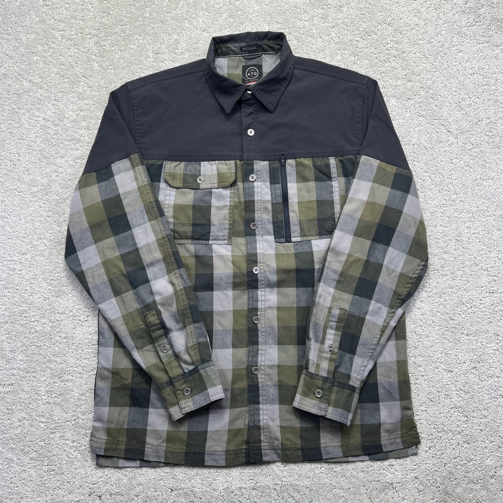 Wrangler ATG Shirt Mens Medium Green Gray Plaid Mixed Media Long Sleeve Utility